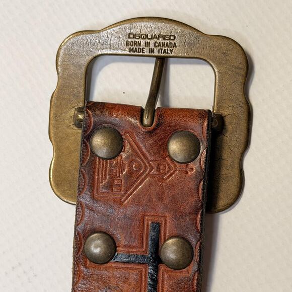 Dsquared2 Belt Mens Large Brown Leather Brass Buckle Made in Italy Embossed - Picture 3 of 11
